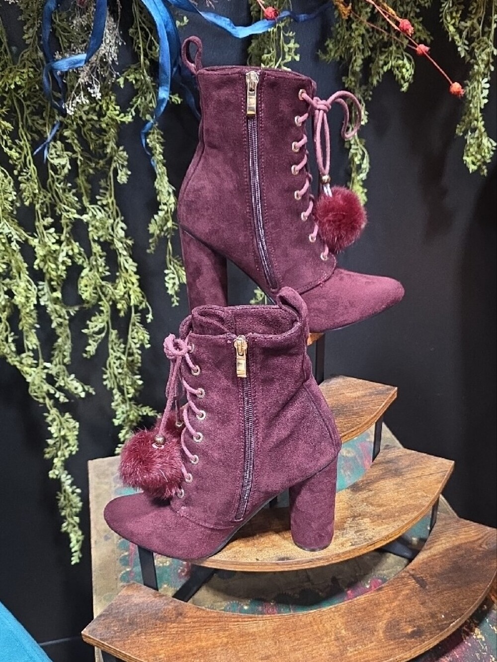 Catherine Malandrino Burgundy Suede Lace-Up Pom Ankle Boots